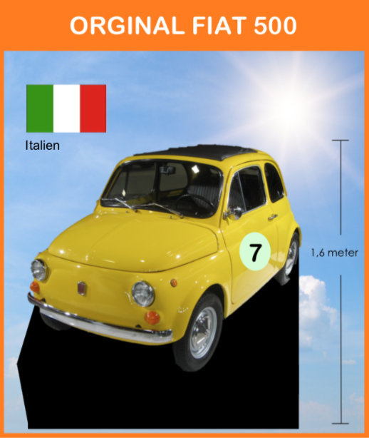 -
Original Fiat 500 opstillet på podie med flag, flagstang og info. stander m.m.

Størrelse: 1,8 x 2,4 x 1,6 meter