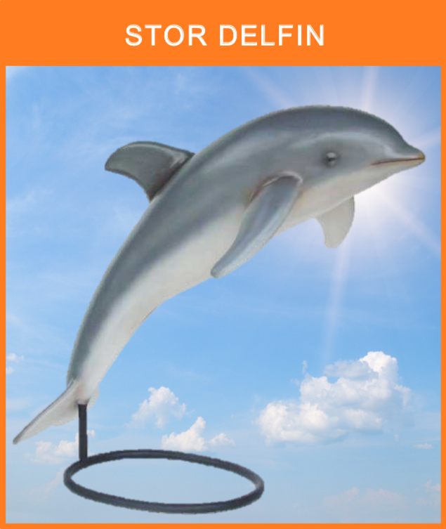 D 001
Naturlig og livagtig glasfiber Delfin i stor størrelse, med enten stativ, eller ophæng.
Størrelse: 146 x 172 cm.