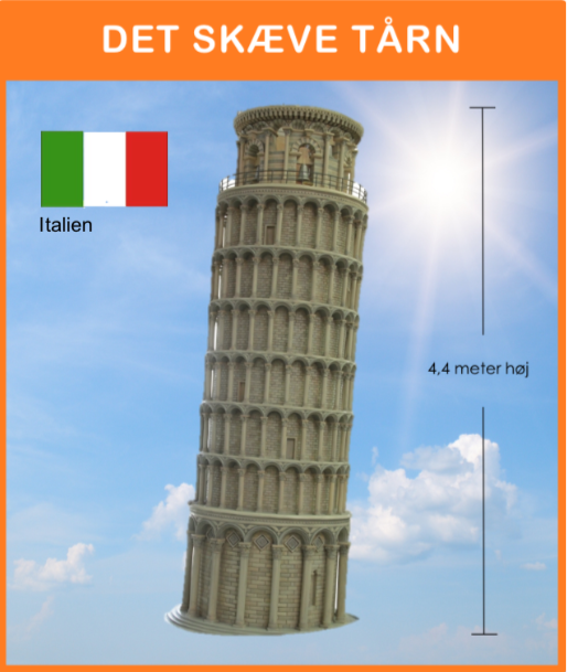 -
Det Skæve Tårn i Pisa
Opsættes på podie, med det Italienske flag på flagstag, samt med div. remedier og info. skilt.

Størrelse: 1,3 x 1,3 x 4,4 meter