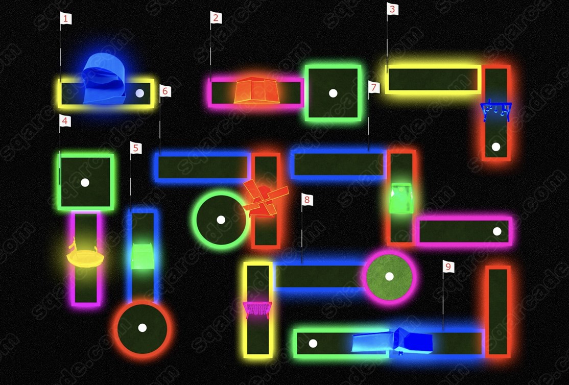 9 super flotte minigolf baner med masser af farverigt led lys
*