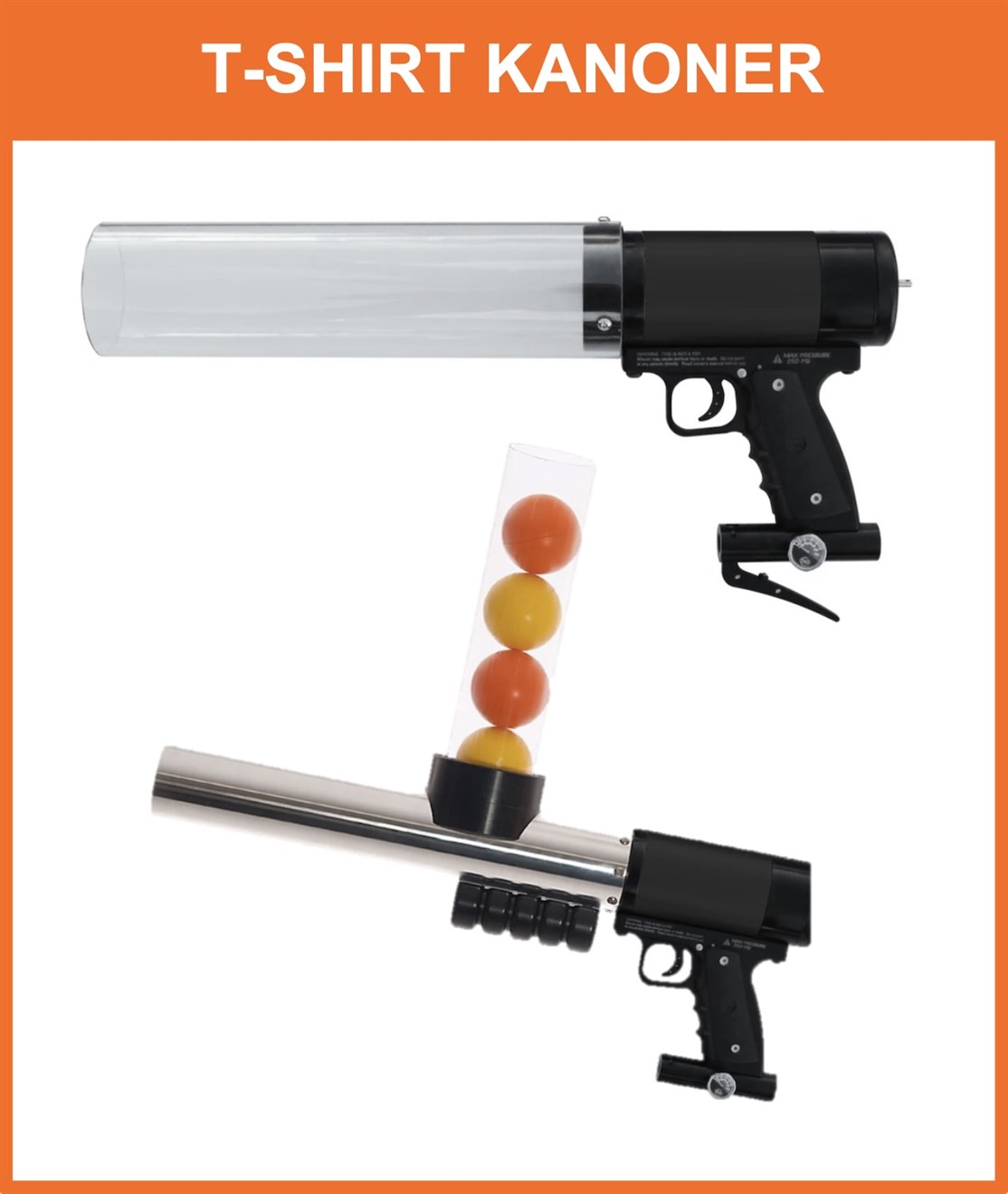 T-SHIRT & 8 BALL KANONER
Vi tilbyder et bredt udvalg af T-shirt kanoner som skyder T-shirt, bamser & bolde m.m. mange meter
Klik på billedet og se mere
*