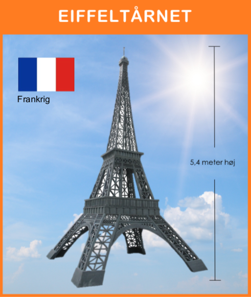 -
Eiffeltårnet, Paris
Opsættes på 4 podier, med det Fransk flag på flagstang, samt med div. remedier og info. skilt.

Størrelse: 2,4 x 2,4 x 5,4 meter