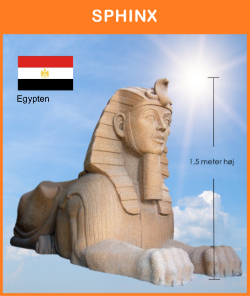-
Sphinx, Egypten
Opstilles på podie med Egyptisk flag på flagstang samt med div. remedier og info. skilt.

Størrelse: 1,1 x 1 x 2 meter