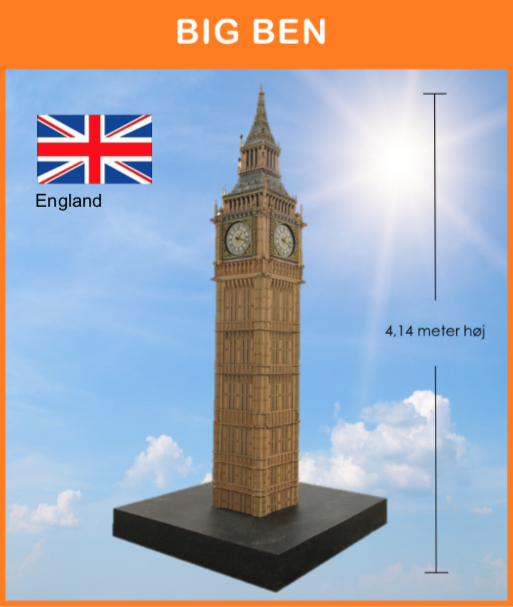 -
Big Ben, London
Opstillet på podie, med det Britiske flag på flagstang og med div. effekter og info. skilt.

Størrelse: 1 x 1 x 4,14 meter