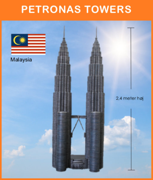 -
Petronas Twin Towers, Kuala Lumpur, Malaysia
Opstilles på podie, med Malaysias flag på flagstang, med div. remedier og info. skilt.

Størrelse: 1,3 x 1 x 2,4 meter