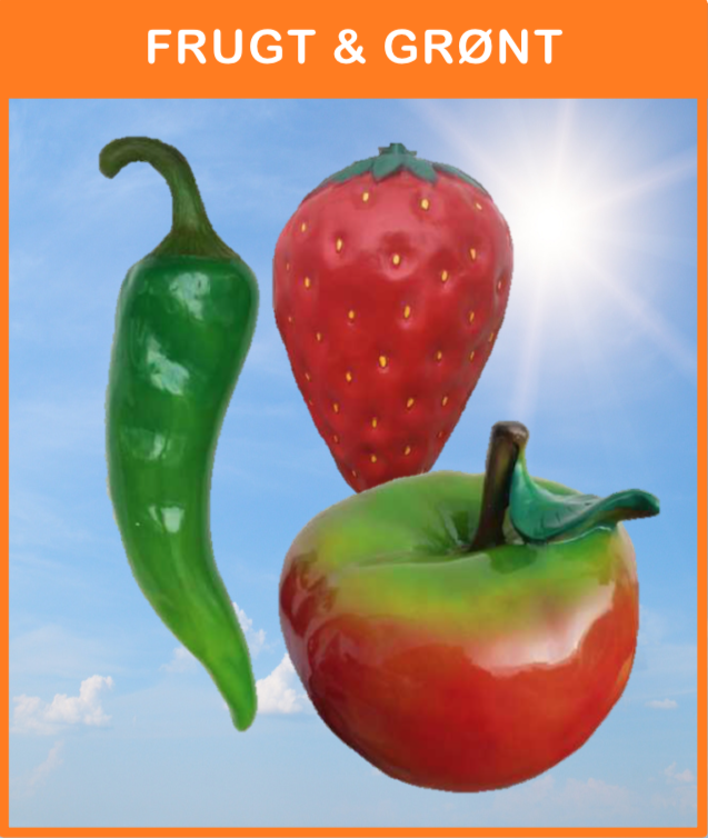 -
FRUGT & GRØNT
Dekorations artikler i frugt og grønt tema med frugter og grønsager i store størrelser m.m.