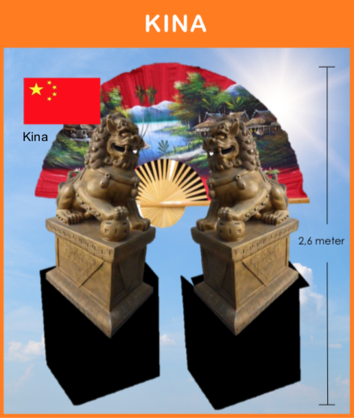 -
Kina
Tempel løver, bambus, flag og info. stander m.m.

Størrelse: efter aftale