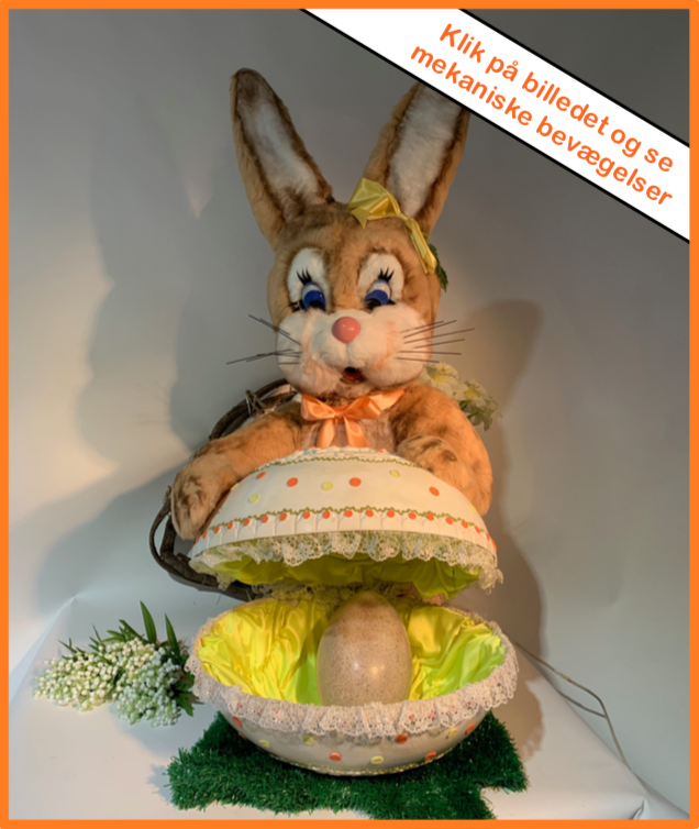 Mekanisk Påske Figur # 18
Hare med påskeæg
Video: Ja, klik på billedet
Størrelse: 125 cm. høj
Strøm: 230.v.